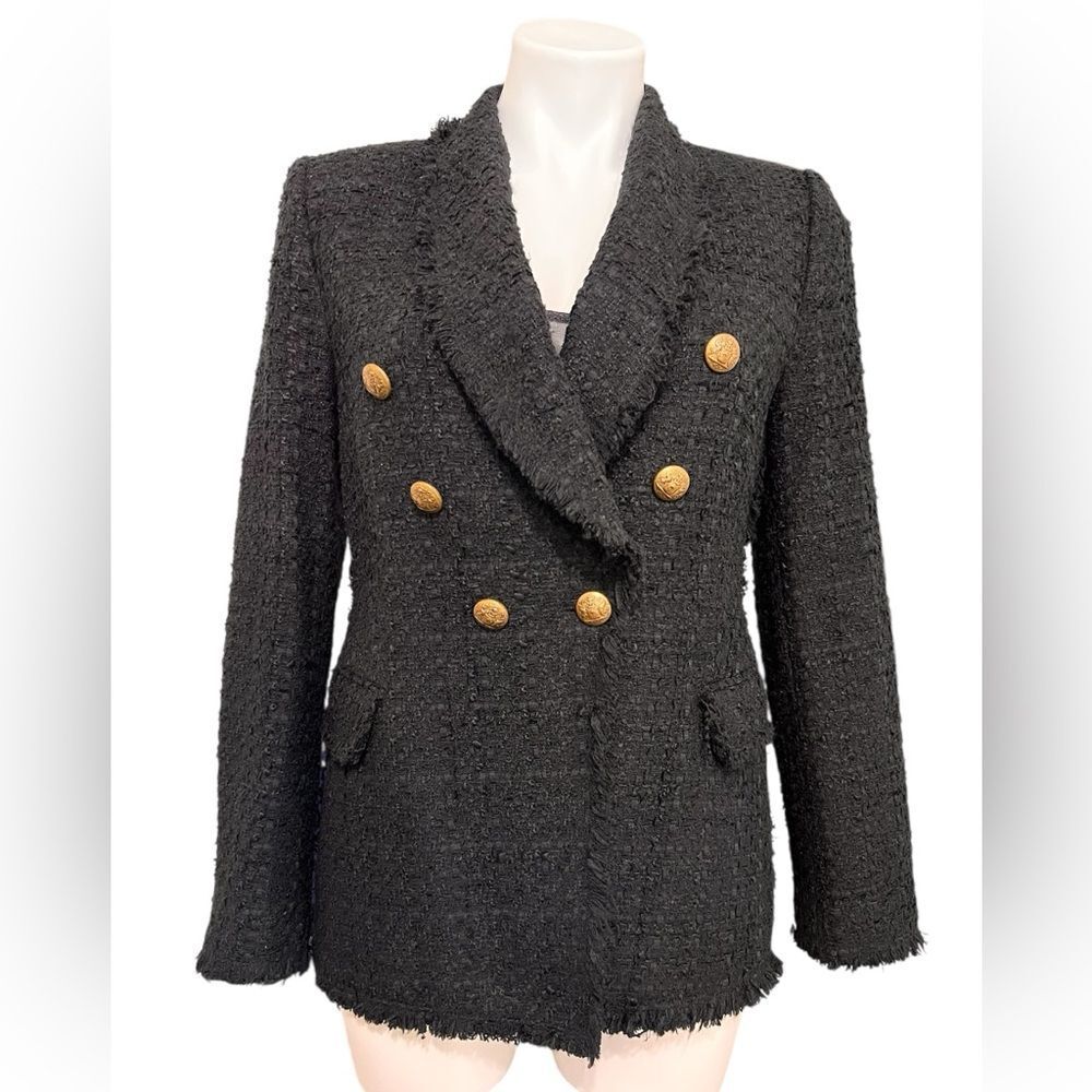 Zara Black Tweed Textured Double Breasted Blazer With Gold Button Accents Size M